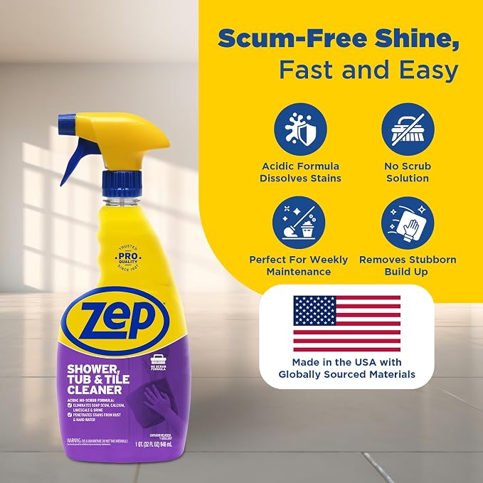 Zep Shower Tub and Tile Cleaner 32 oz ZUSTT32 (Case of 4) -Eliminates Hard Water Stains and limescale