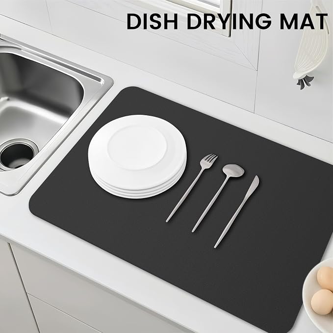 WISELIFE Dish Drying Mat Super Absorbent Drying Mat Large Dish Drying Mats for Kitchen Counter Easy Clean Dish Mat Kitchen Drying Mat16"x 24" Classic Black