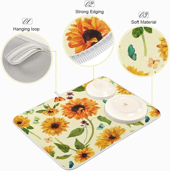 Absorbent Dish Drying Mat for Kitchen Counter - Yellow Sunflowers Butterfly Floral Microfiber Drying Pad, Reversible Drainer Mats for Countertop, Small 16 x 18 inch