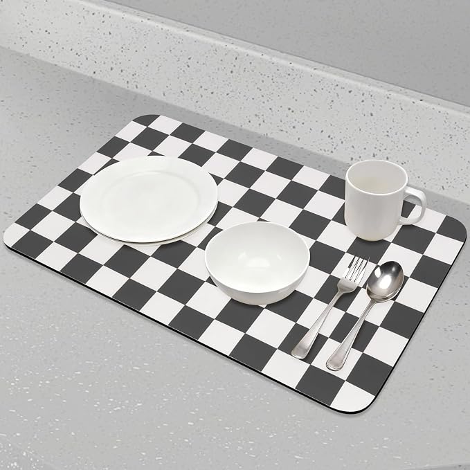 CooRug Checkered Dish Drying Mat, 16" x 24", Black | Absorbent, Leak-Proof, Non-Slip, Heat Resistant, For Kitchen Counter & Coffee Bar, Eco-friendly Materials, Easy to Clean