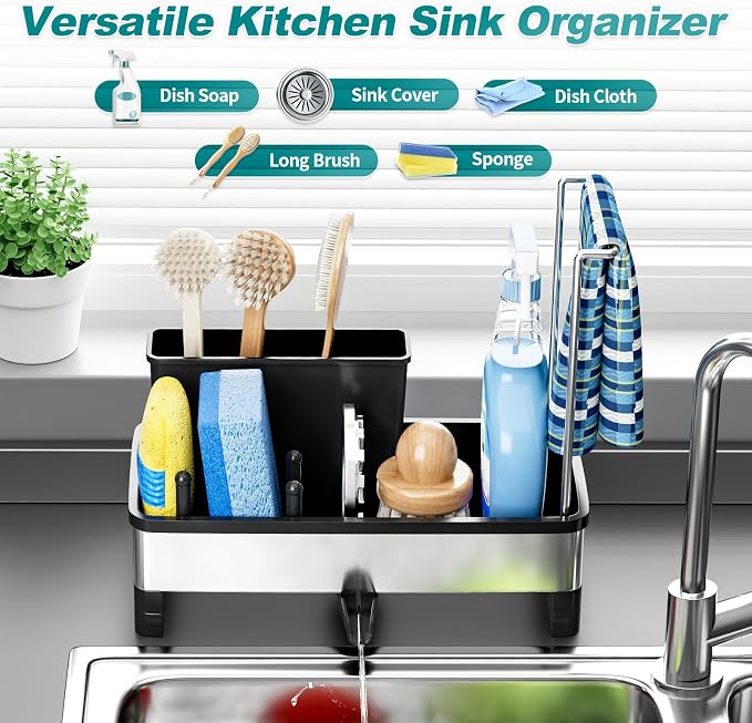 Ewaiira Stainless Steel Sink Caddy, Sponge Holder for Kitchen Sink with Brush Holder and Towel Rack, Sink Organizer for Countertop, Soap Kitchen Organizers Storage Essentials (A-Black)