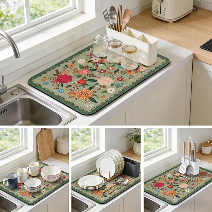 Dish Drying Mat for Kitchen Counter 17x32 Inch, Boho Quick Dry Coffee Mat | Made of super absorbent diatomite that quick dries dishes, coffee machine & sink area. Non-slip rubber base for countertop
