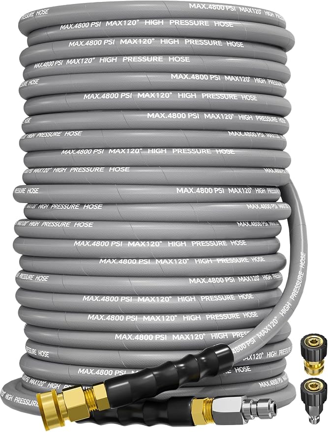 3/8" 4800PSI Pressure Washer Hose 125FT Swivel Quick Connect | Power Washer Hose for Cold/Hot Water Max 248°F, Kink Resistant Steel Wire Braided, Wear Resistant with M22 14mm Adapter