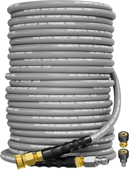3/8" 4800PSI Pressure Washer Hose 125FT Swivel Quick Connect | Power Washer Hose for Cold/Hot Water Max 248°F, Kink Resistant Steel Wire Braided, Wear Resistant with M22 14mm Adapter