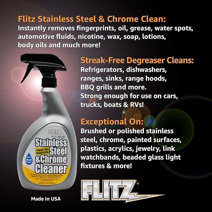 FLITZ Stainless Steel & Chrome Clean - 32oz Bottle, USA-Made Stainless Steel Cleaner Spray for Appliances - Grill, Fridge, Sink Stain Remover - Also Works on Aluminum Surfaces (1 Pack)