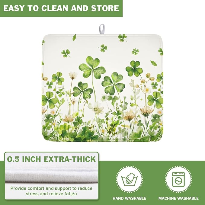 St Patrick's Day Green Clover Dish Drying Mat 16x18 Inch | Shamrock，Polyester，Absorbent Microfiber，for Kitchen Coffee Dining Bar Decor