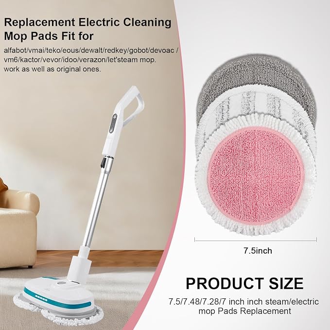Spin Cordless Electric Mop Pads: 7.5/7.48/7.28/7 Inch Steam/Electric Mop Pads Replacement for Vmai/eous/idoo/alfabot/devoac - Round Velcro Scrubber Reusable Mop Pads Refill for Floor Cleaning 8 Pack