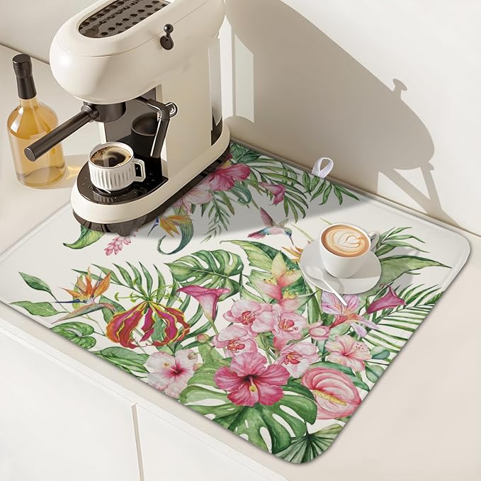 Floral Hibiscus Dish Drying Mat for Kitchen Counter 16x18 Inch | Floral，Polyester，Absorbent Microfiber，for Coffee Dining Bar Decor