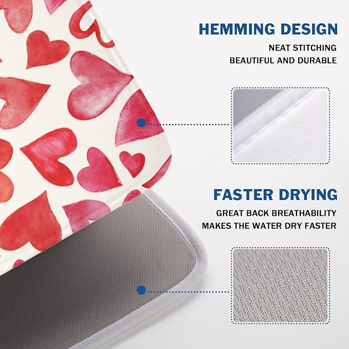 Valentine's Day Red and Pink Heart Dish Drying Mat 18x24 Inch | Polyester，Absorbent Microfiber，for Kitchen Coffee Dining Bar Decor