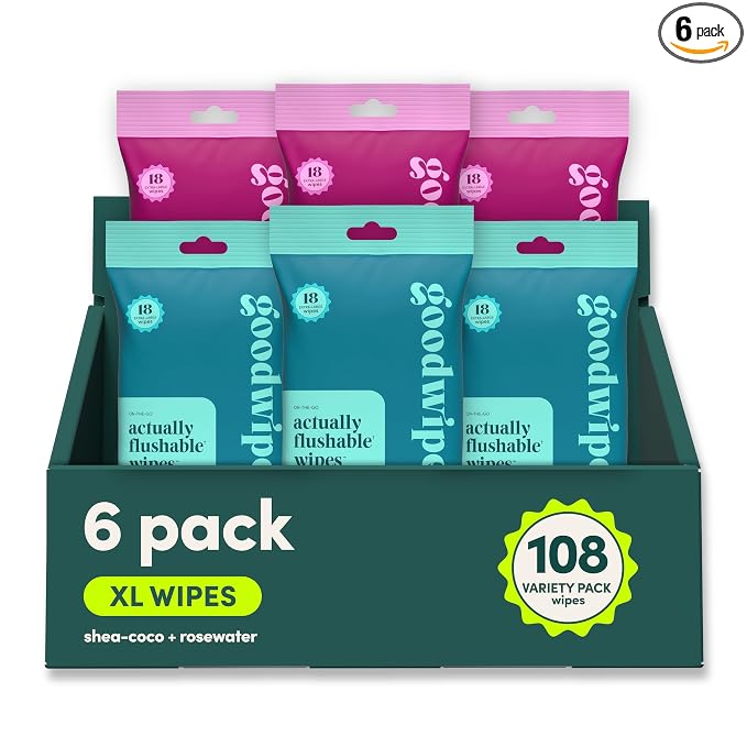goodwipes Flushable Wipes Travel Size - Extra Large Adult Wet Wipe - On-the-Go Portable Wipes - Sewer & Septic Safe - Hygiene Essentials - Shea Coco & Rosewater, 108 Count (6 Packs)