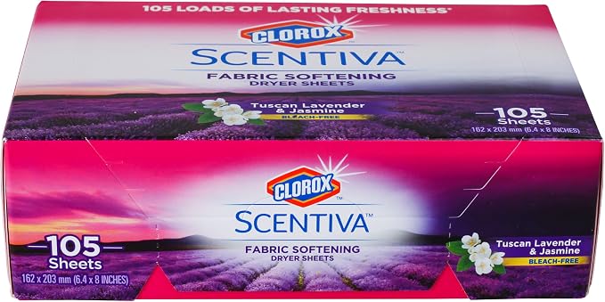 Clorox Scentiva Fabric Softener Dryer Sheets, Tuscan Lavender & Jasmine Scent - Wrinkle Reducing Scented Softening Laundry Dryer Sheets for Great Smelling Clothes, 105 Count