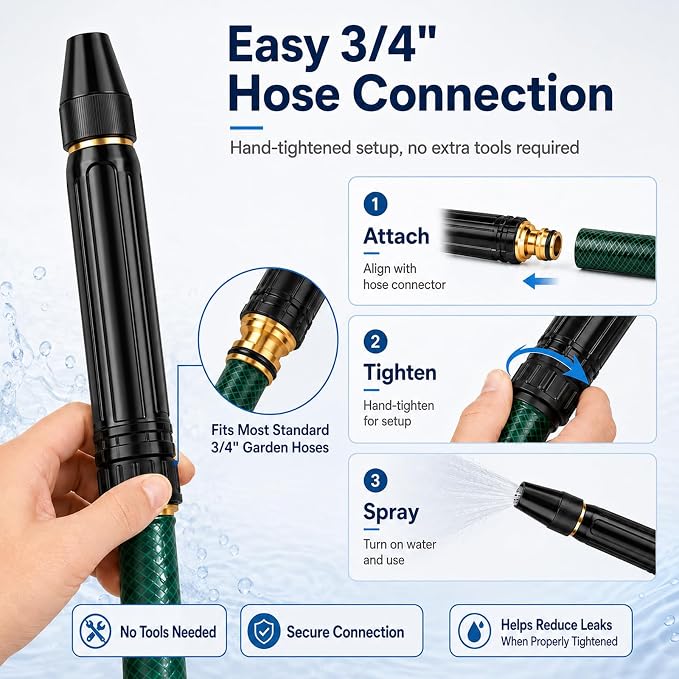 High Pressure Hose Nozzle, Black Alloy Core, 2 Pack | Adjustable high pressure water hose nozzle with jet, mist and shower spray for car washing, patio cleaning, lawn and plants
