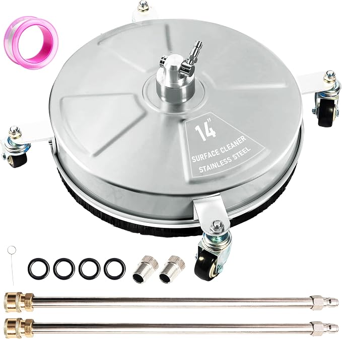 14" Pressure Washer Surface Cleaner with 4 Wheels, Stainless Steel Power Washer Surface Cleaner for Driveways Sidewalks Patios, 1/4" Quick Connector, 2 Extension Wand, 4000 PSI