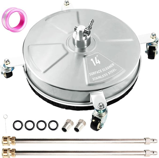 14" Pressure Washer Surface Cleaner with 4 Wheels, Stainless Steel Power Washer Surface Cleaner for Driveways Sidewalks Patios, 1/4" Quick Connector, 2 Extension Wand, 4000 PSI