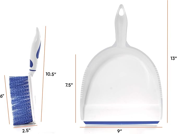 Dustpan and Brush Set, Hand Broom with Ergonomic Grip Handle - Rubber Edge for Easy Dirt Pickup, Durable Material - Grey & Blue Hand Brush by Superio, 2-Pack (Blue, 2-Pack)