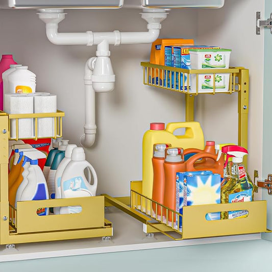 Saydear 2-Pack L-Shaped Under Sink Organizer, 2-Tier Pull-out Cabinet Rack | Gold Height-Adjustable Steel Rack, Sliding Grid Drawers with PP Liners, Holds 100 Lbs, Suction Base, Ideal Kitchen Storage
