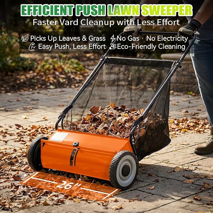 PPOLB 26" Push Lawn Sweeper, 7 cu.ft Large Capacity Yard Sweeper Push, 5:1 High-Density 4 Brushes, Adjustable Height, Heavy Duty Leaf Collector with Detachable Hopper, Rubber Wheels, Ergonomic Handle