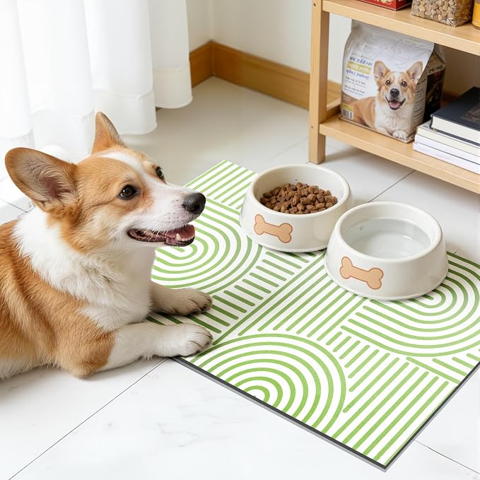 Findosom Dish Drying Mat, 12" x 20" Super Absorbent Dish Mat with Modern Geometric Striped, Hide Stain Drying Mat for Kitchen Counter, Under Dish Rack, Coffee Maker, Espresso Machine, Green & White