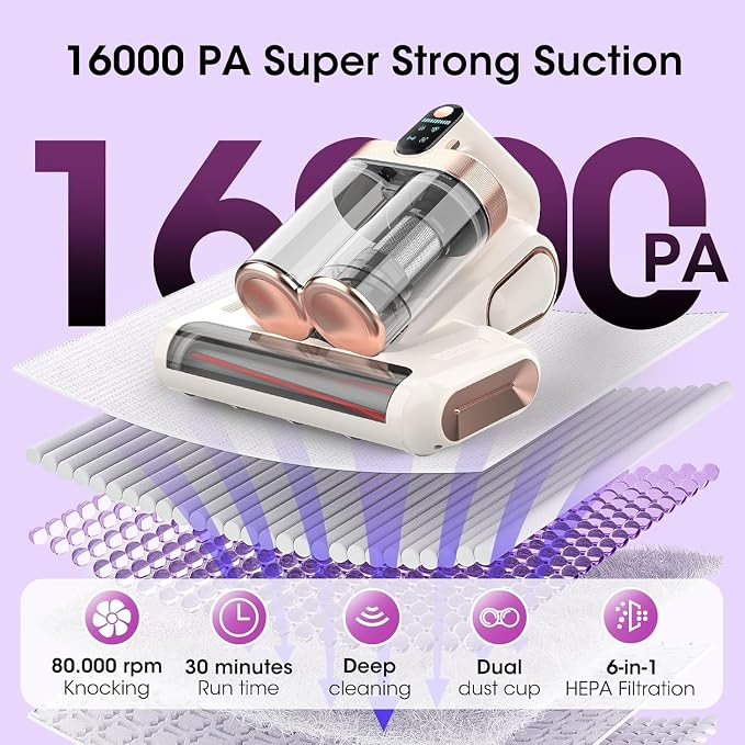 Mattress Vacuum Cleaner Cordless 16Kpa Bed Handheld Vacuum, Vacuum Cleaner with 253.7nm UV-C Light,HEPA Filter & Ultrasonic, Portable Vacuums for Bed Sofa Couch Crib Gifts for women men her white