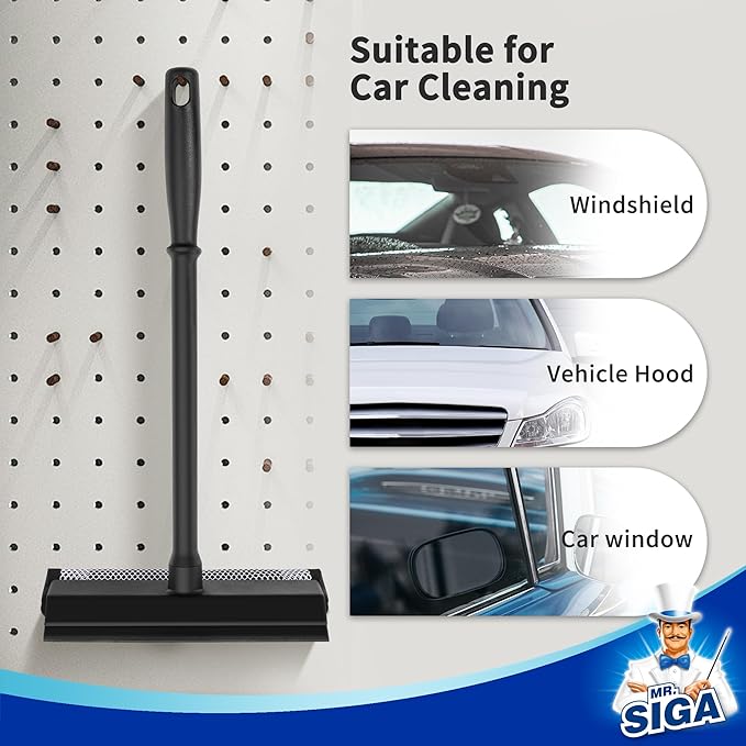 MR.SIGA Professional 2-in-1 Car Window Squeegee and Sponge Scrubber | Rubber blade squeegee with 16.4 inch/41.5 cm handle, sponge car squeegee for glass, windshield, shower