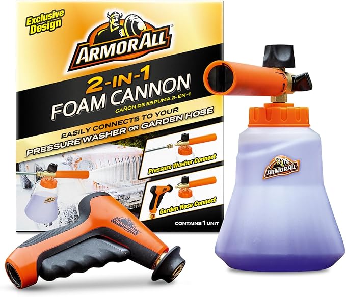 Armor All 2-in-1 Foam Cannon Kit for Garden Hoses and Power Washers | 3-piece car washing kit with 40-ounce reservoir, marked fill lines, and compatibility with 500 to 3,500 PSI units