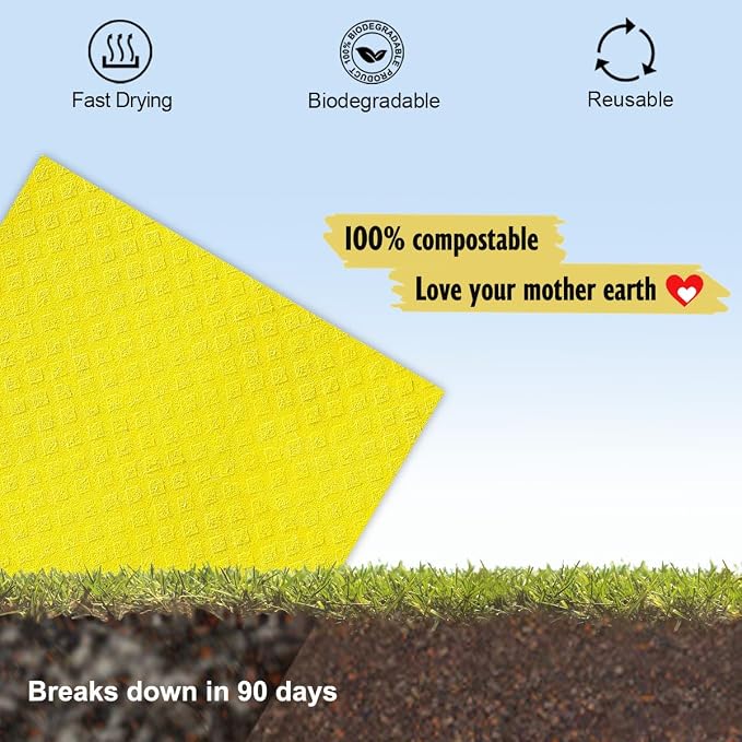 MoLKENE Swedish Dishcloths for Kitchen | 6 Pack Absorbent Cellulose Sponge Cloths Washable | Non-Scratch Reusable Paper Towels Quick Drying Cleaning Cloths - Yellow