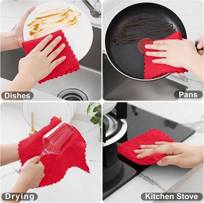 Homaxy 24 Pack Kitchen Dish Cloths (10 x 10 Inches, Red), Super Soft and Absorbent Coral Velvet Dish Towels, Nonstick Oil Fast Drying Microfiber Cleaning Cloth, No Lint Household Dishcloths