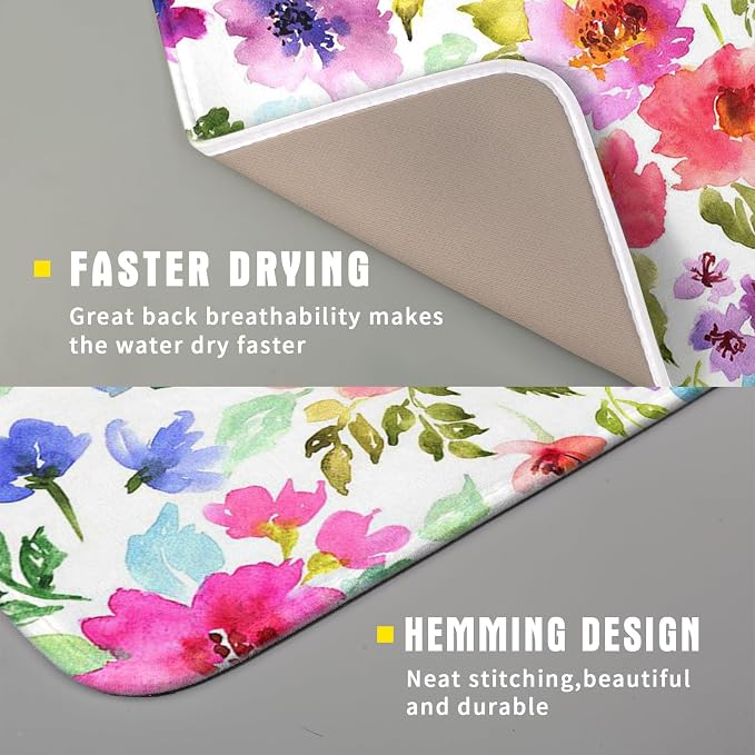 Spring Floral Dish Drying Mat for Kitchen Counter Flower Microfiber Absorbent Dish Draining Reusable Washable Foldable 16"x18"