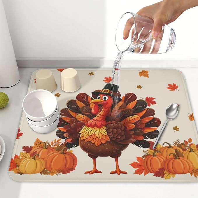 Thanksgiving Dish Drying Mat for Kitchen Counter Autumn Harvest Turkey Pumpkin Maple Leaves Microfiber Dish Drainer Mat Rustic Fall Holiday Absorbent Washable Drying Pad 16"x18"