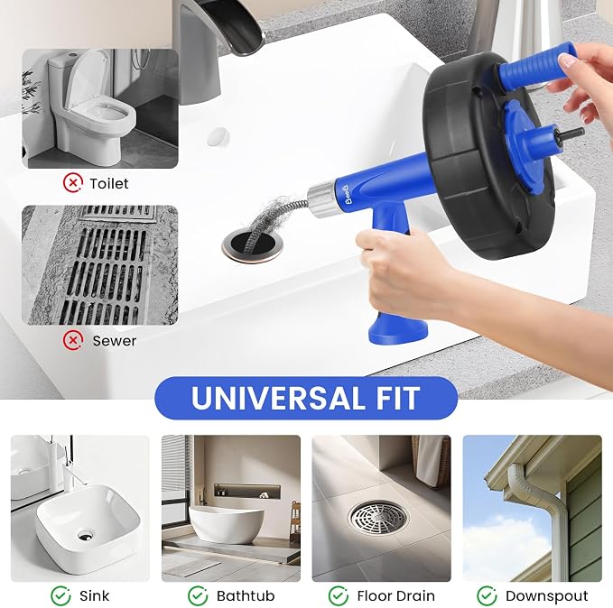 XJX Drain Auger, Plumbing Snake with Drill Adapter, 25FT Flexible Steel Drain Clog Remover, Manual or Powered for Kitchen, Bathroom & Shower Sink, with Gloves and Storage Bag Blue