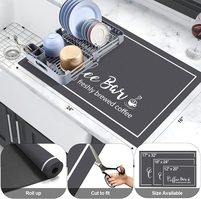 Findosom Dish Drying Mat, 16"x 24" Super Absorbent & Hide Stain Coffee Mat, Cuttable Drying Mat for Kitchen Counter, Coffee Bar Accessories, Under Dish Rack, Coffee Maker, Espresso Machine, DarkGrey