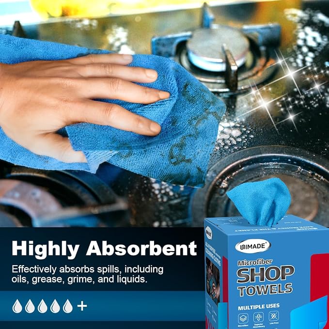 UNIMADE Shop Rags, 4 Boxes - 400 Sheets Microfiber Cleaning Cloth | Commercial Grade Washcloths Lint-Free Bulk Shops Towels for Cars Mechanic Restaurant Garage Housekeeping, 11"x 9", Blue