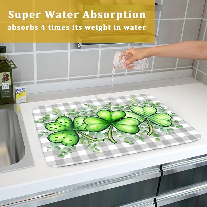 St Patricks Day Dish Drying Mat for Kitchen Counter Shamrocks Eucalyptus Leaf Holiday Microfiber Absorbent Dish Draining Reusable Washable Foldable Extra Large 18"x24"