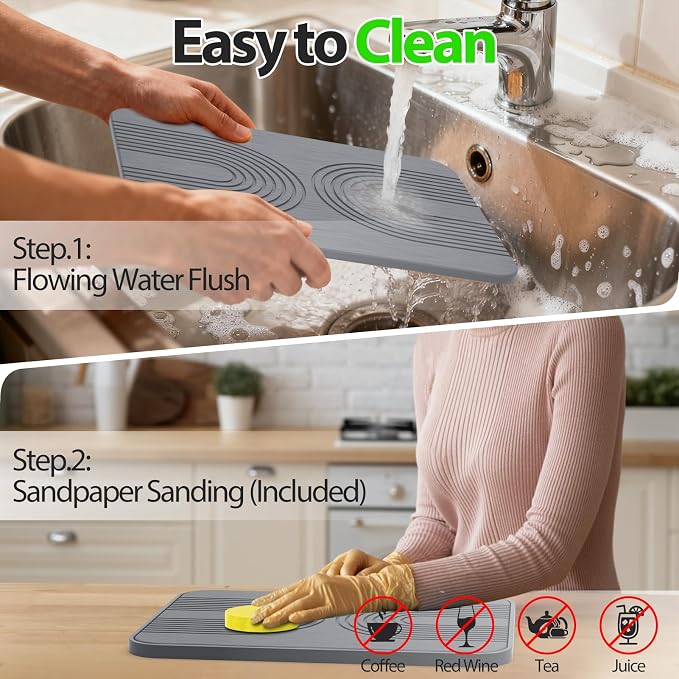 2 PCS Stone Dish Drying Mat ＆ Silicone Mat for Kitchen Counter – Diatomaceous Earth Bath Mat for Bathroom, 16.14"L×12.4"W×2 Quick Dry Mats for Dishes ,Bottles, Cups, Match Any Countertop(Gray)