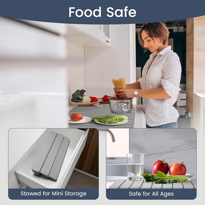Meowoo Stone Drying Mat for Kitchen Counter, 28.3"x15.7" Foldable Diatomaceous Earth Mat, Super Absorbent, Quick-Dry Bath & Kitchen Pad for Dishes, Cups, Non-Slip, Fit Any Countertop - Light Gray