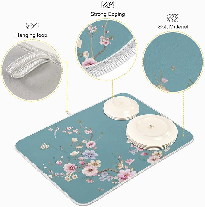 Absorbent Dish Drying Mat for Kitchen Counter - Chinese Painting Art Microfiber Drying Pad, Reversible Drainer Mats for Countertop, Small 16 x 18 inch