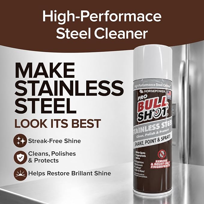 Horsepower Bull Shot Stainless Steel Cleaner Spray, As Seen On TV, Cleans, Polishes & Protects, Removes Greasy Fingerprints & Streaks
