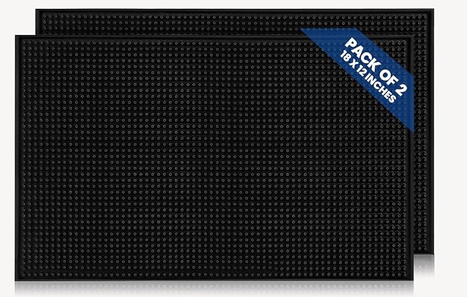 Standard Bar Counter Mats Set of 2, 18 x 12 Inch Rubber Non Skid Bar Top & Coffee Station Drying Mats, Spill Catcher Mats for Bartenders, Restaurants & Kitchen Counters (Black)