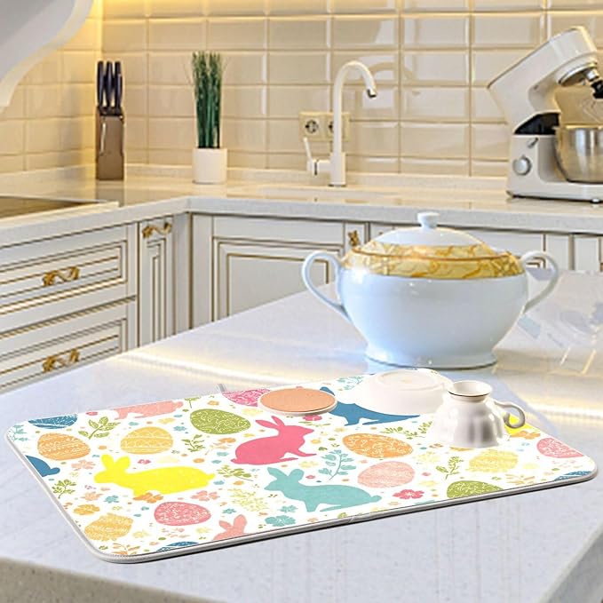 Flowers Eggs Bunny Easter Dish Drying Mat 18 X 24 Inches Spring Rose Leaves Peeps Rabbits Dry Dishes Pads Mats for Kitchen Tableware Protector Countertops Counter Home Decorations