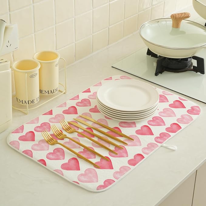 Valentines Day Dish Drying Mats 18x24 Inch Love Pink Heart Drying Mats Anniversary Mother's Day Holiday Valentines Decorations Absorbent Drying Dish Mats for Kitchen Dining Room Counter Decor