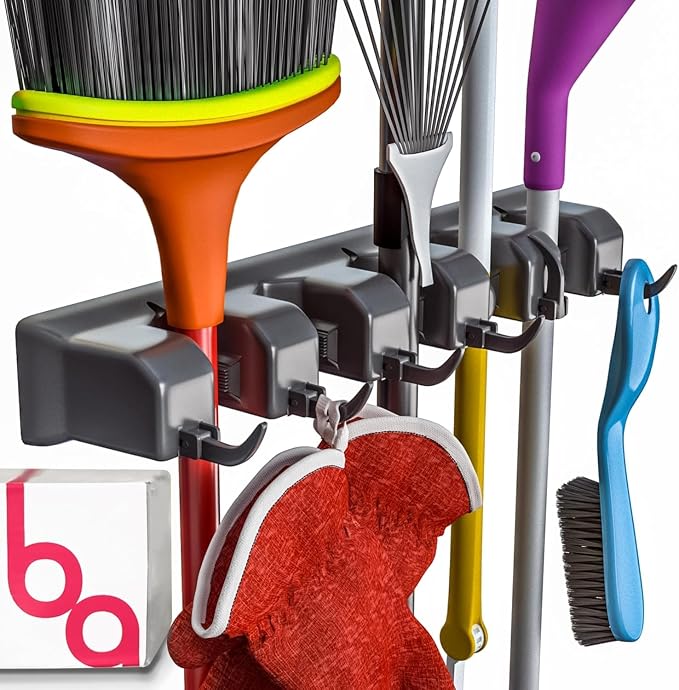 Broom Holder Wall Mount, Mop and Broom Organizer – Wall Mounted Broom Rack & Mop Rack, Rack for Brooms and Mops | Broom Hanger Wall Mount with 5 Slots & 6 Hooks, Kitchen Garage Laundry Garden