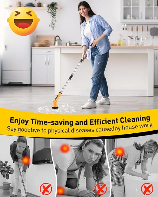 Electric Spin Scrubber for Cleaning Bathroom, Shower Scrubber Cordless Cleaning Brush with IPX7 Waterproof & 2 Speed, 3 Floor Machine Pads, Bathroom Cleaning Supplies for Shower Tub Yellow