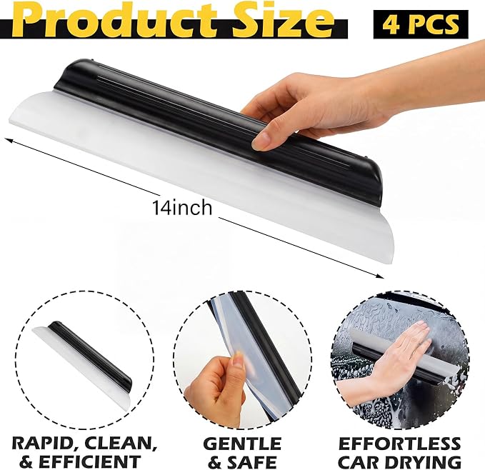 2 Pack 14 Inch Car Drying Squeegee Black Longer Silicone Water Squeegee Window Shower Blade Automotive Flexible Auto T-bar Rubber Squeegees for Car Windshield Glass Bathroom Wash Tool