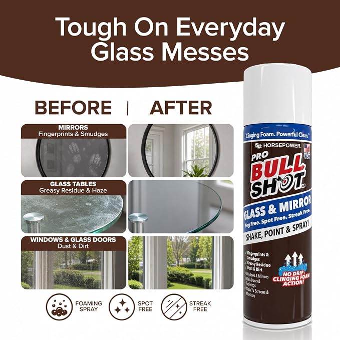 Horsepower Bull Shot Glass & Mirror Cleaner, As Seen On TV, No-Drip Foaming Glass Cleaner for Mirrors, Windows & TV Screens, Made in USA