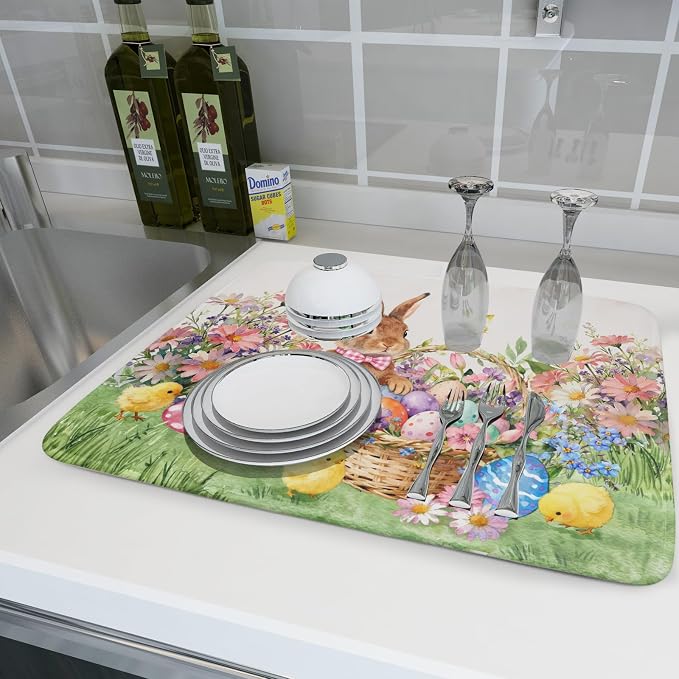 Easter Rabbit Eggs Dish Drying Mat for Kitchen Counter 18x24 Inch Spring Flowers Large Microfiber Dish Drainer Rack Mats
