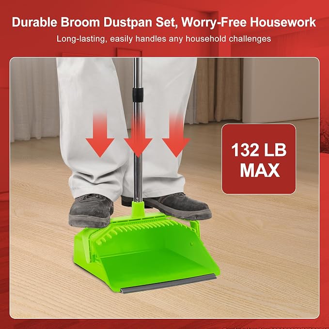 Broom and Dustpan Set for Home, 51" Long Handle Standing Pan Light Green | Self-Cleaning Dust Pan and Brooms, ZeroGap Lip, Upright Storage Broom Combo for Kitchen Lobby Office Restaurant Indoor