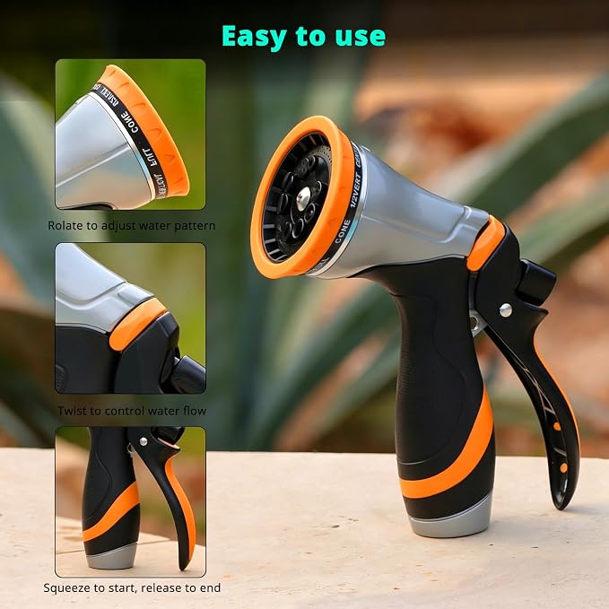 QUOBAS Metal Garden Hose Nozzle, Heavy Duty Water Hose Sprayer, Leak Proof | 10 Pattern Water Nozzle with Rubber Gasket, Garden Sprayer for Watering Plants, Washing Cars, Pet Shower, Orange, 2-Pack