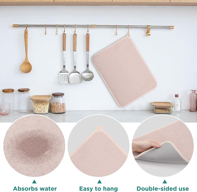 GeeRic Microfiber Dish Drying Mat Happy New Year, Super Absorbent Kitchen Dish Drying Pad for New Year Gift, Reversible for Countertop, 17.8 * 23.6 inch Beige