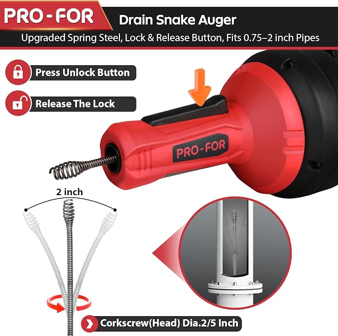 Drain Auger, 16.4FT Plumbing Snake Drain Clog Remover, Manual & Drill Powered Drain Snake for 0.75–2 Inch Pipes, Sink, Shower, Bathtub, Toilet, Kitchen Drain Cleaner Tool with Steel Cable