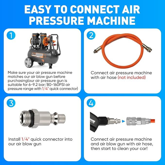 Aluminium Car Cleaning Gun with Tapered Nozzle, 6-9.2Bar with 2 Set Nozzle | Pressure Air Blower Blow Gun Producing Powerful Blast of Air for Cleaning Cars, Velvet, Furniture and Carpets
